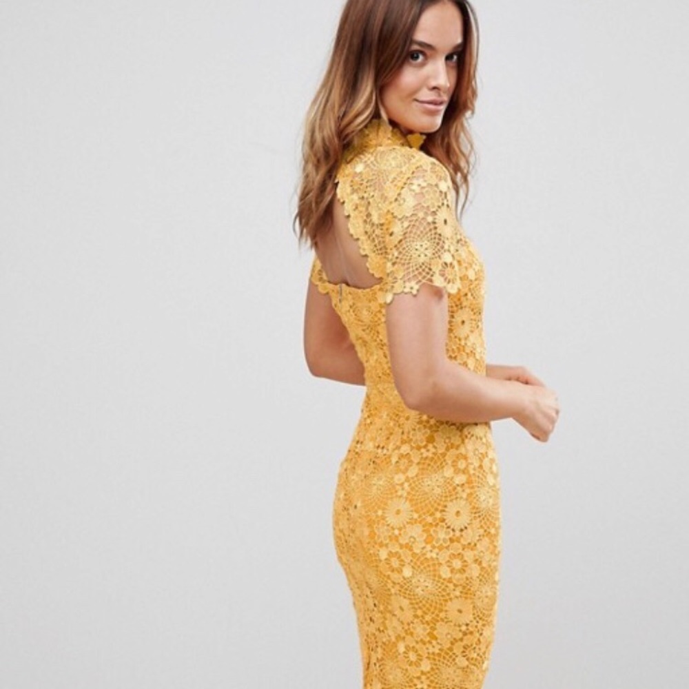 Asos paper doll mustard daisy crochet midi dress